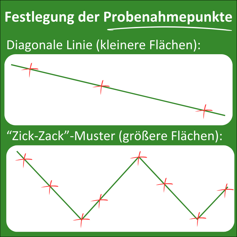 Festlegung der Probenahmepunkte: Nehmen Sie bei kleineren Flächen mehrere Proben in einer diagonalen Linie quer über die Fläche hinweg. Nehmen Sie bei größeren Flächen mehrere Proben im Zick-Zack-Muster über die ganze Fläche hinweg.